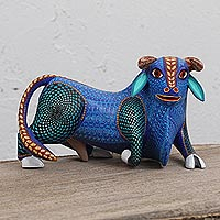 Wood alebrije sculpture, 'Vibrant Bull' - Copal Wood Alebrije Bull Sculpture in Blue from Mexico