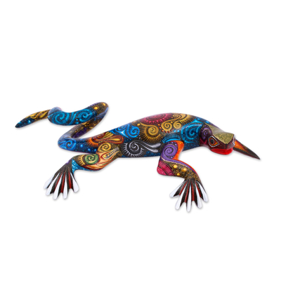 Wood alebrije sculpture, 'Cosmic Iguana' - Hand-Painted Wood Alebrije Iguana Sculpture from Mexico