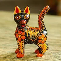 Alebrije-Figur aus Holz, „Feurige Katze“ – Alebrije-Katzenfigur aus Holz in Orange aus Mexiko