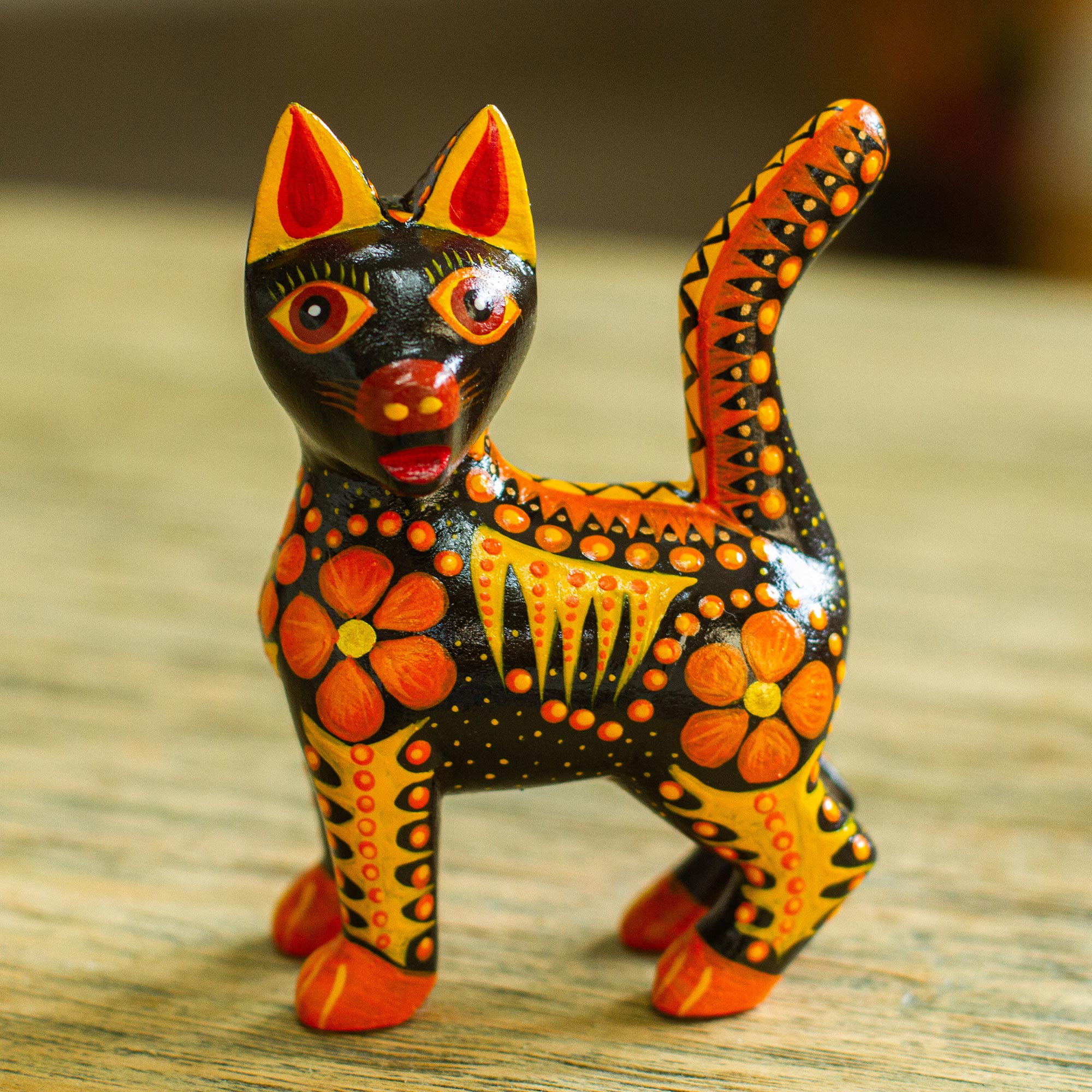 Wood Alebrije Cat Figurine in Orange from Mexico - Fiery Cat