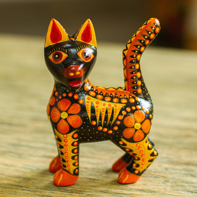 Wood alebrije figurine, 'Fiery Cat' - Wood Alebrije Cat Figurine in Orange from Mexico