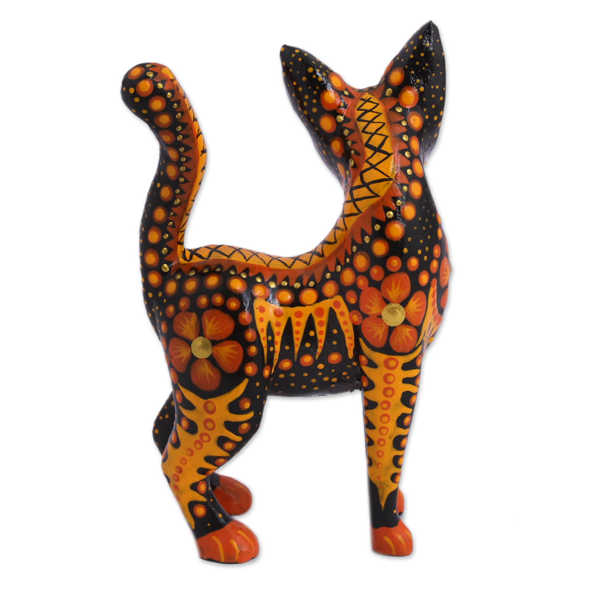 Wood Alebrije Cat Figurine in Orange from Mexico - Fiery Cat | NOVICA