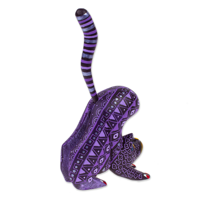 Wood alebrije figurine, 'Fantastic Stretch' - Wood Alebrije Cat Figurine in Purple from Mexico