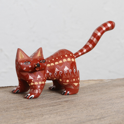 Wood alebrije figurine, 'Walking Cat' - Wood Alebrije Cat Figurine in Red from Mexico