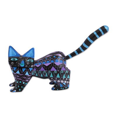 Hand-Painted Wood Alebrije Cat Figurine from Mexico