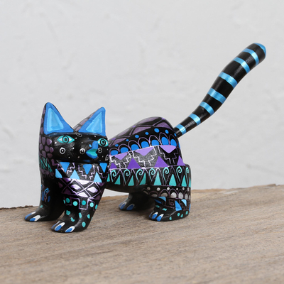 Wood alebrije figurine, 'Nocturnal Cat' - Hand-Painted Wood Alebrije Cat Figurine from Mexico