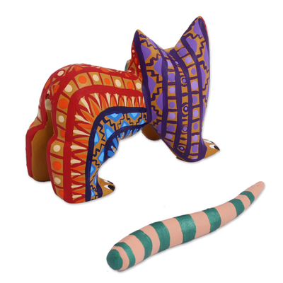 Figurilla de alebrije de madera, 'Gato Festivo' - Figura de gato Alebrije de madera multicolor de México