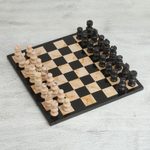 Marble chess set, 'Brown Challenge' (13 inch) - Brown and Black Marble Chess Set from Mexico (13 Inch)