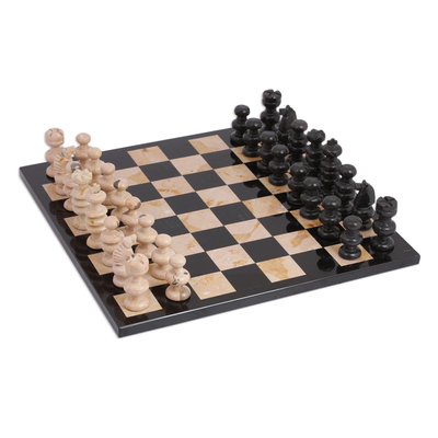 Marble chess set, 'Brown Challenge' (13 inch) - Brown and Black Marble Chess Set from Mexico (13 Inch)