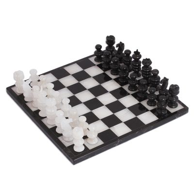 Onyx and marble chess set, 'Black and Ivory Challenge' (10 inch) - Onyx and Marble Chess Set in Black and Ivory (10 Inch)