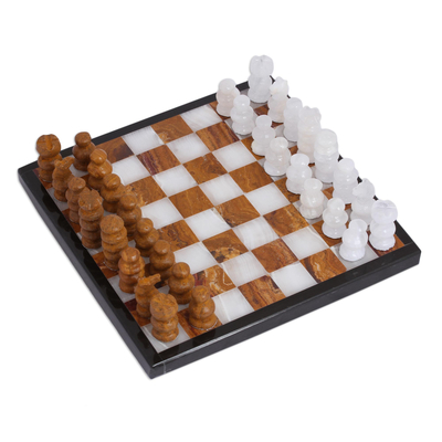 Onyx and marble mini chess set, 'Cafe Challenge' - Onyx and Marble Mini Chess Set in Brown and Ivory