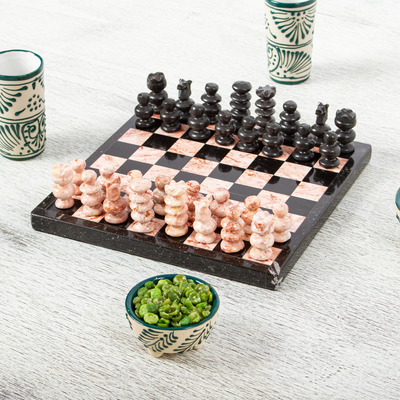 Small marble chess set, 'Black and Pink Challenge' (7.5 in.) - Marble Chess Set in Black and Pink from Mexico (7.5 in.)