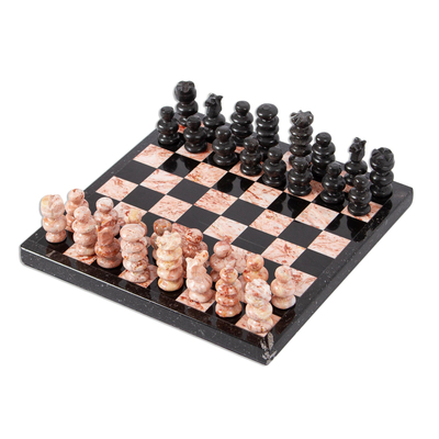 Small marble chess set, 'Black and Pink Challenge' (7.5 in.) - Marble Chess Set in Black and Pink from Mexico (7.5 in.)