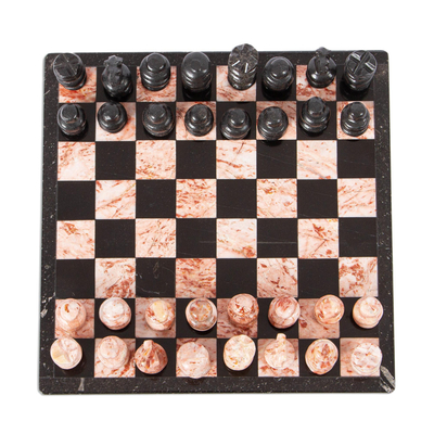 Kleines Marmorschachspiel, (7,5 Zoll) - Marmor-Schachspiel in Schwarz und Rosa aus Mexiko (7,5 Zoll)