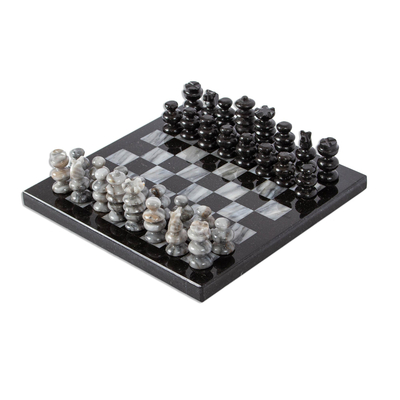 7.5 NOVICA 339074 Black and Grey Challenge Marble Chess Set 