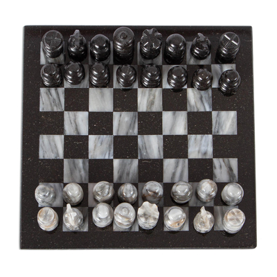 Juego de ajedrez de mármol, (7,5 pulg.) - Ajedrez de mármol en negro y gris de México (7,5 pulg.)