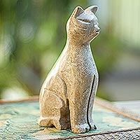 Marble sculpture, 'Cafe Cat' - Marble Cat Sculpture in Beige from Mexico