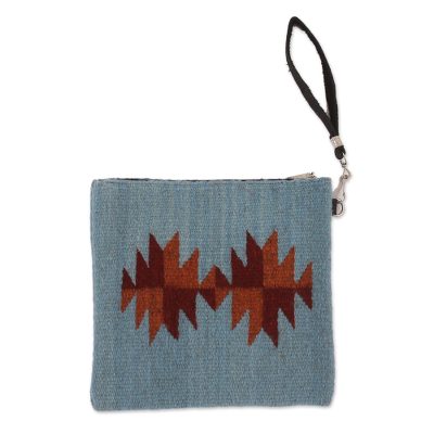 Blue Dark Red Orange Fret Starburst Handwoven Wool Wristlet