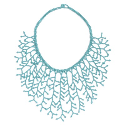 Glass beaded waterfall necklace, 'Caribbean Blue Huichol Roots' - Caribbean Blue Glass Beaded Waterfall Necklace from Mexico