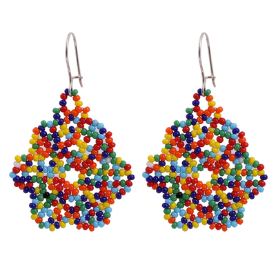 Glass beaded dangle earrings, 'Huichol Color' - Multicolored Glass Beaded Dangle Earrings from Mexico