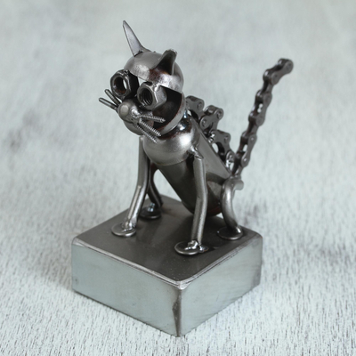 Upcycled metal auto part sculpture, Sitting Cat