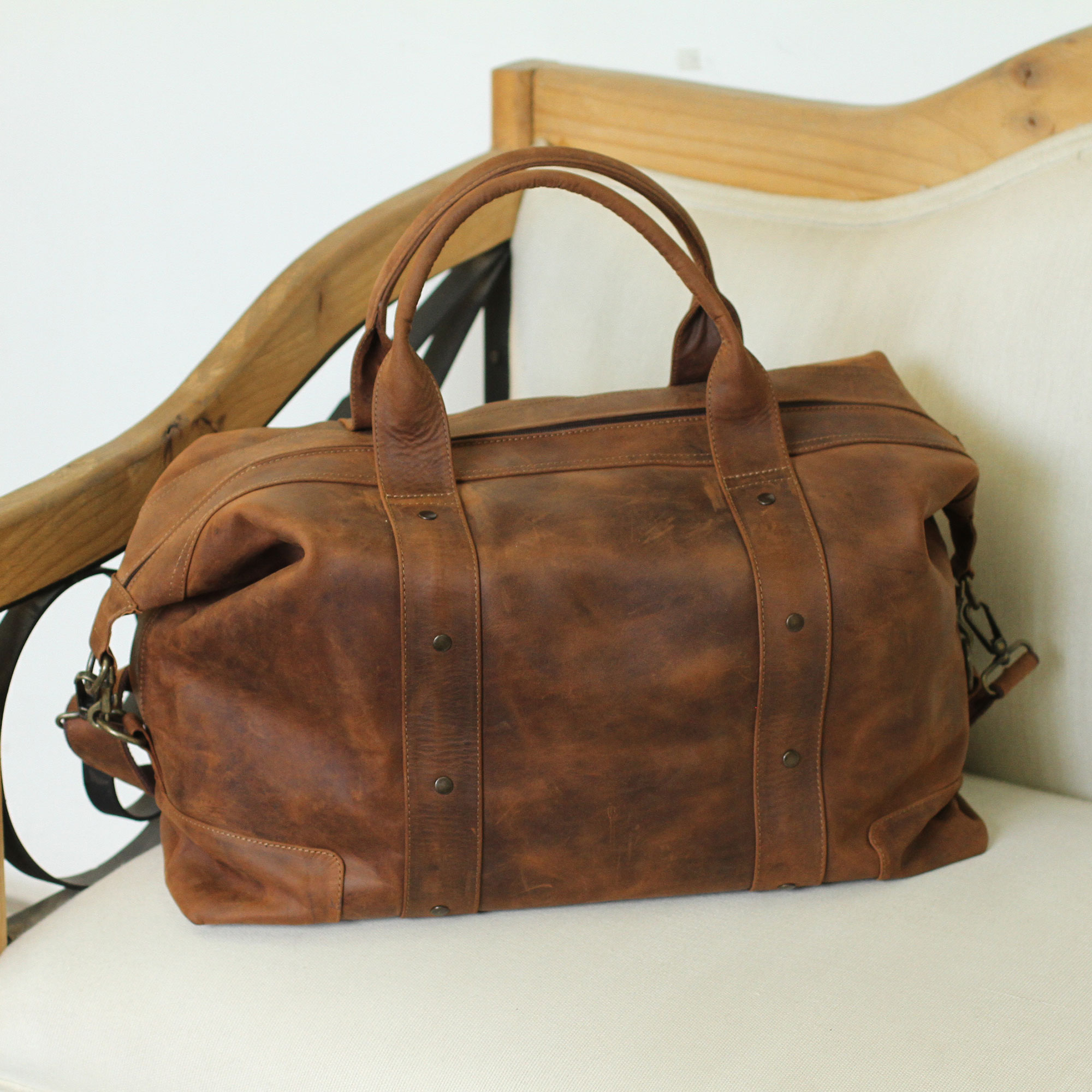 Handcrafted Rugged Brown Leather Overnight Bag - Overnighter | NOVICA