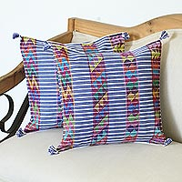 Cotton cushion covers, 'Triangle Stripes in Blue' (pair) - Striped Geometric Cotton Cushion Covers in Blue (Pair)