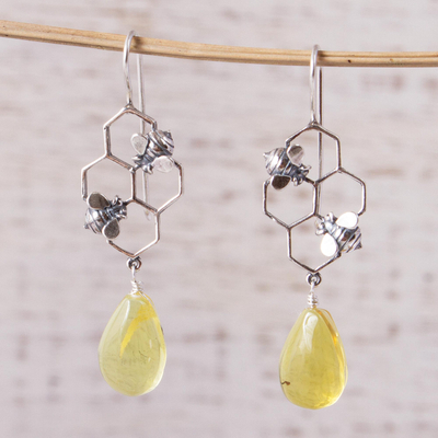 Amber dangle earrings, 'Busy Bees' - Amber Bumblebee Dangle Earrings from Mexico