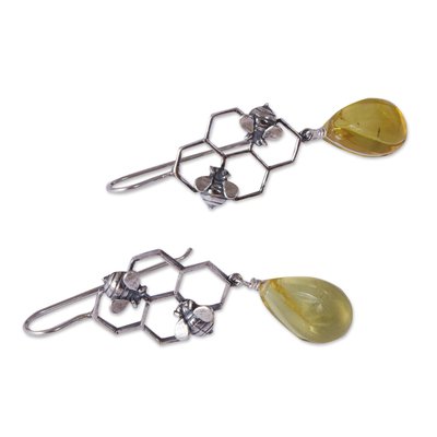 Amber dangle earrings, 'Busy Bees' - Amber Bumblebee Dangle Earrings from Mexico