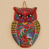 Ceramic wall sculpture, 'Passionate Owl' - Floral Ceramic Owl Wall Sculpture in Red from Mexico