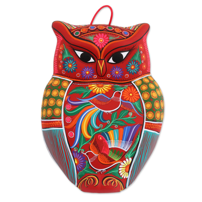 Ceramic wall sculpture, 'Passionate Owl' - Floral Ceramic Owl Wall Sculpture in Red from Mexico
