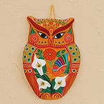 Hand-Painted Ceramic Wall Sculpture in Orange from Mexico, 'Vibrant Owl'