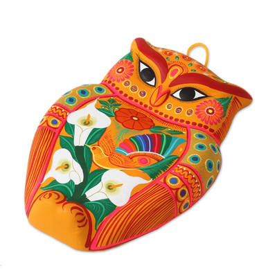 Ceramic wall sculpture, 'Vibrant Owl' - Hand-Painted Ceramic Wall Sculpture in Orange from Mexico