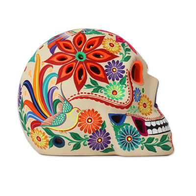 Ceramic tealight holder, 'Floral Skull' - Floral Skull Ceramic Tealight Holder from Mexico