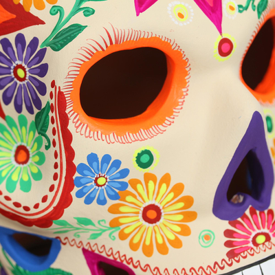 Ceramic tealight holder, 'Floral Skull' - Floral Skull Ceramic Tealight Holder from Mexico