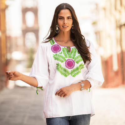 Cotton blouse, 'Ancient Flowers' - Cotton Blouse with Purple and Green Floral Embroidery