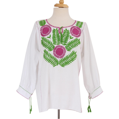 Cotton blouse, 'Ancient Flowers' - Cotton Blouse with Purple and Green Floral Embroidery