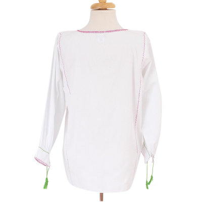 Blusa de algodón - Blusa de Algodón con Bordado Floral Morado y Verde
