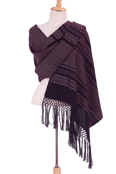 Cotton rebozo shawl, 'Pink Elegance' - Pink and Black Cotton Rebozo Shawl from Mexico