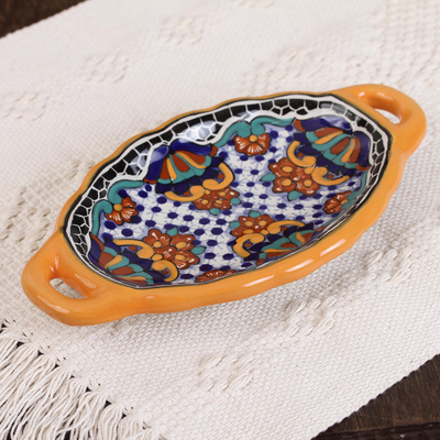 Ceramic serving dish, 'Zacatlan Flowers' - Talavera-Style Ceramic Serving Dish from Mexico