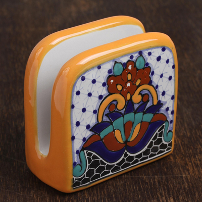 Servilletero de cerámica, 'Flores de Zacatlán' - Servilletero de cerámica pintado a mano de México