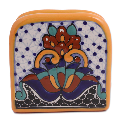 Servilletero de cerámica, 'Flores de Zacatlán' - Servilletero de cerámica pintado a mano de México