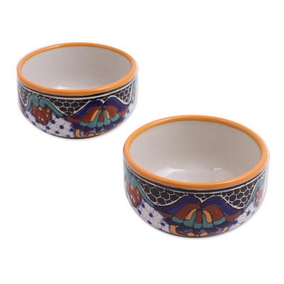 Ceramic bowls, 'Zacatlan Flowers' (pair) - Hand-Painted Ceramic Bowls from Mexico (Pair)