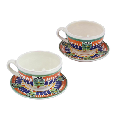 Ceramic teacups and saucers, 'Special Treat' (pair) - Hand-Painted Ceramic Teacups and Saucers from Mexico (Pair)