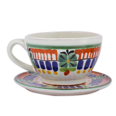 Tazas de té y platillos de cerámica, (par) - Tazas de té y platillos de cerámica pintadas a mano de México (par)