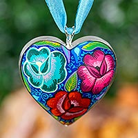 Wood pendant necklace, 'Flowers of My Heart' - Floral Heart-Shaped Wood Pendant Necklace from Mexico