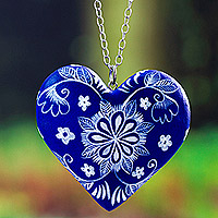 Wood pendant necklace, 'Celestial Heart' - Heart-Shaped Floral Wood Pendant Necklace from Mexico