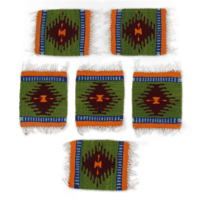 Wool coasters, 'Avocado Diamond' (set of 6) - Zapotec Wool Coasters in Avocado from Mexico (Set of 6)