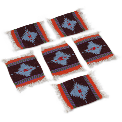 Posavasos de lana, (juego de 6) - Posavasos de lana zapoteca con motivo de rombos de México (lote de 6)