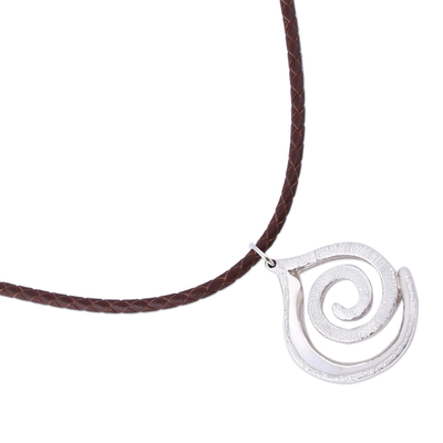 Sterling silver pendant necklace, 'Mystic Drop' - Sterling Silver and Leather Drop Pendant Necklace
